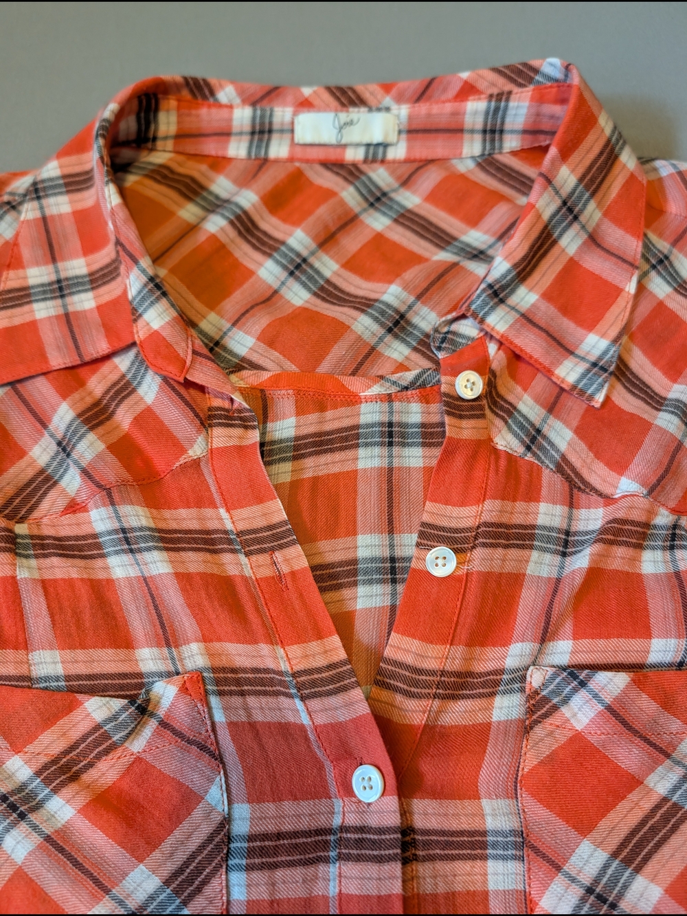 Joie Coral and White Plaid Button Down Top Small S Long Sleeves Casual Bright - Picture 9 of 10